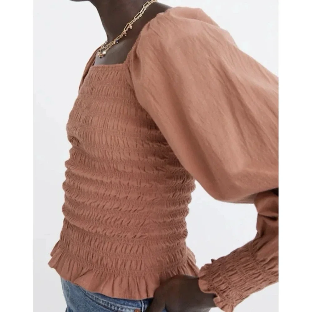Madewell Top XXS Rust Orange Lucie Bubble-Sleeve Smocked Romantic Cottagecore